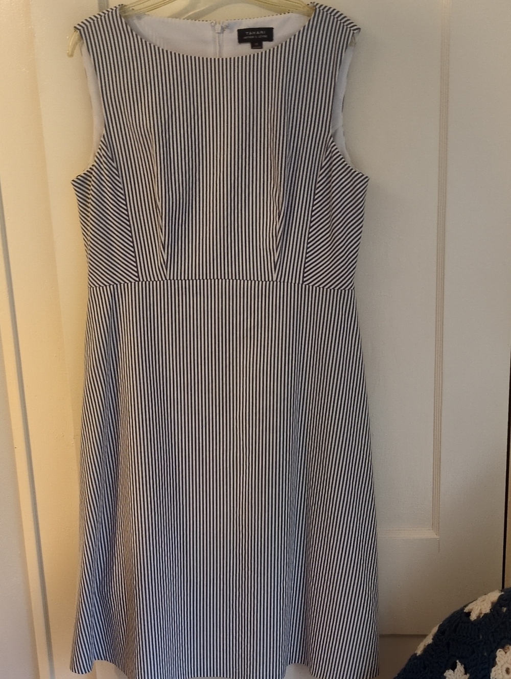 Tahari Navy & White Striped Sleeveless Midi Dress